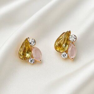 Statement Yellow Teardrop Earrings with Rose Gold & Pink Crystal Accents Jewelry